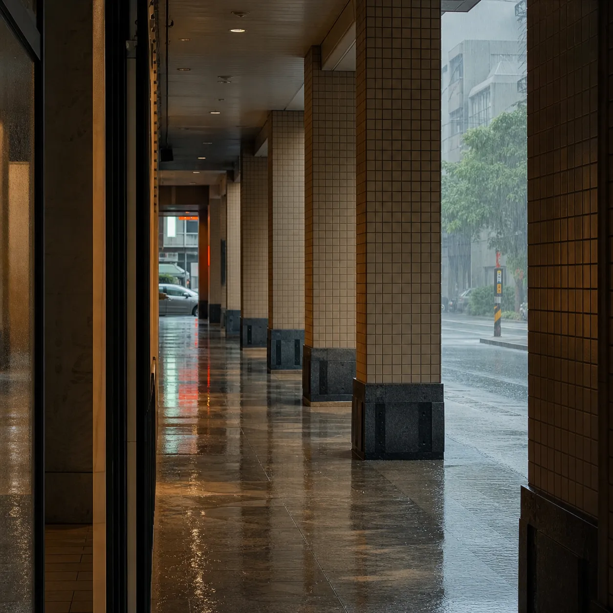 同一段騎樓，一場雨有三種光